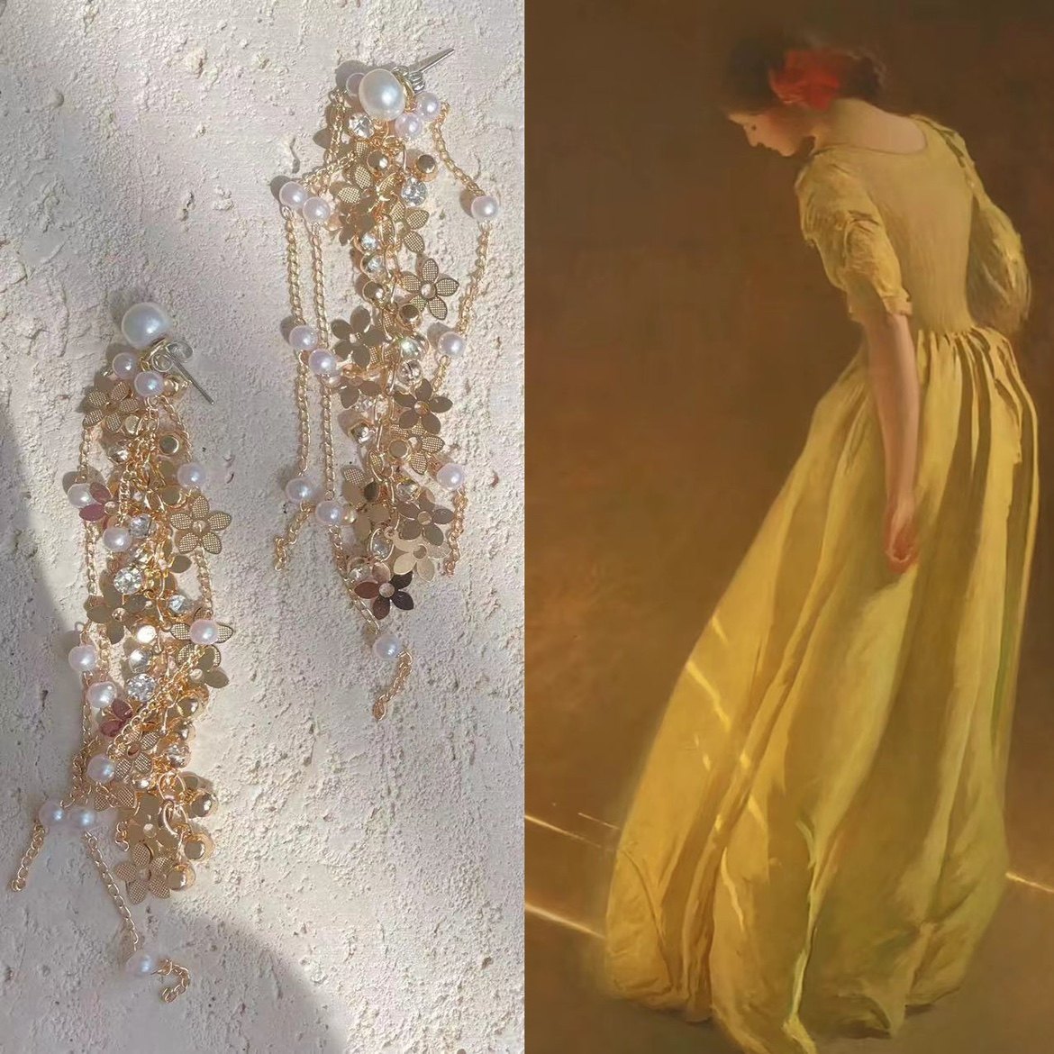 missu 花瓣翩翩流苏链条淡水珍珠瀑布耳环耳钉