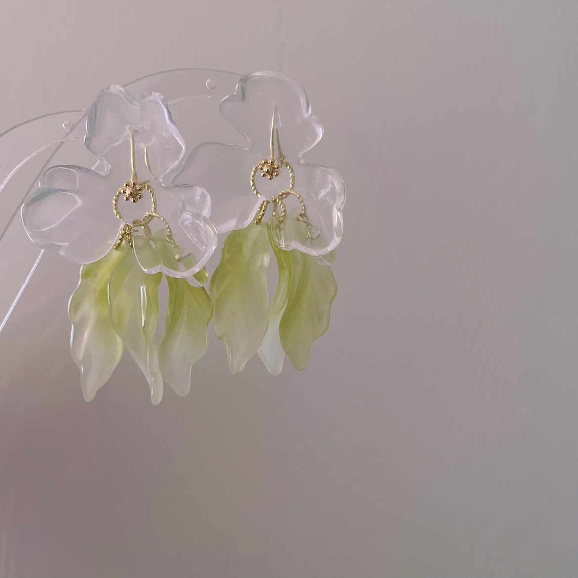 missu 小清新鸢尾花透明花瓣琉璃海藻叶子水滴耳环耳坠耳钩耳夹