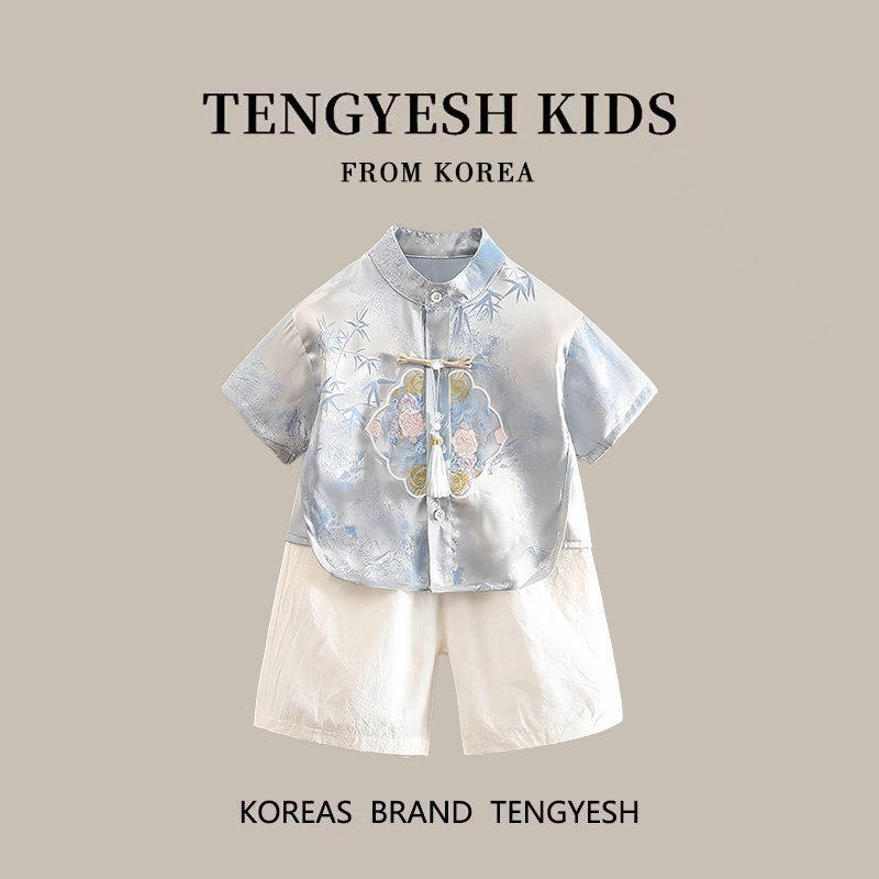TENGYESH男童新中式汉服套装夏季中国风周岁礼服宝宝刺绣唐装薄款