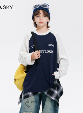 anothersky 男童长袖t恤春秋时髦打底衫2025新款儿童秋装拼色上衣