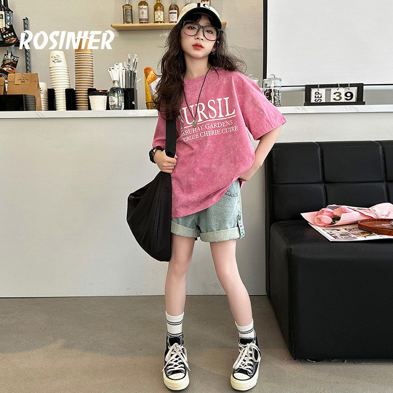 韩国ROSINIER女童短袖T恤夏装套装中大童纯棉夏季女孩半袖儿童套