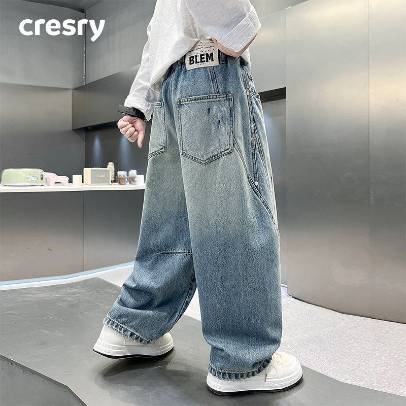 韩国CRESRY童装男童裤子春秋季2026新款儿童春装阔腿弯刀牛仔裤潮