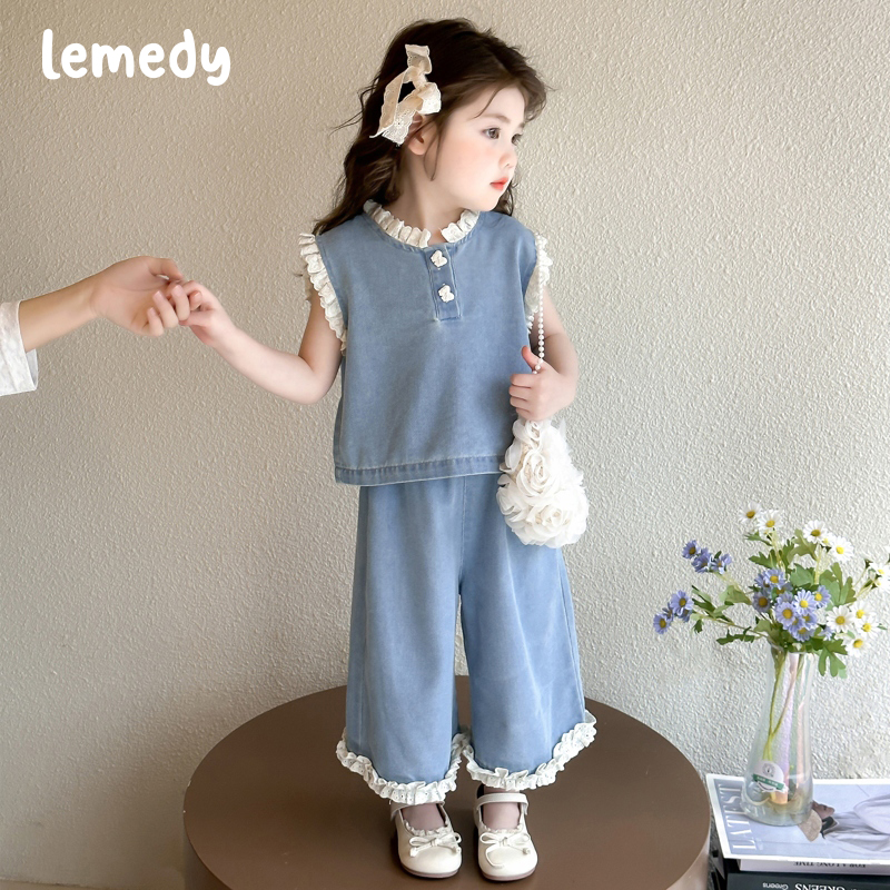 韩国Lemedy女童无袖牛仔套装夏季2025新款女宝宝背心阔腿裤两件套