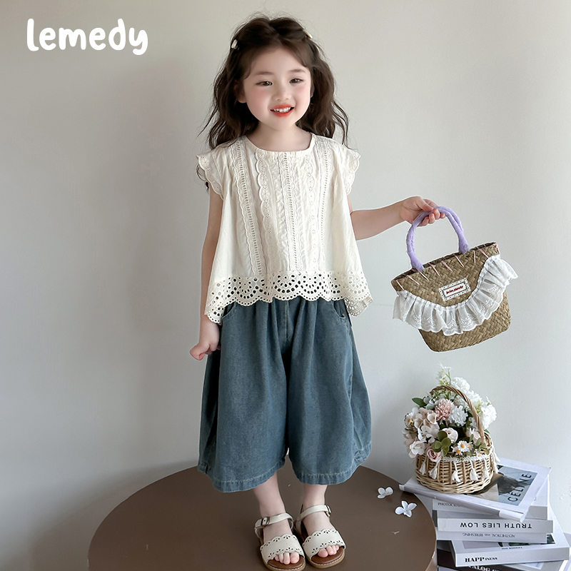 韩国Lemedy女童夏季套装薄款2025新款女宝宝无袖牛仔阔腿裤两件套