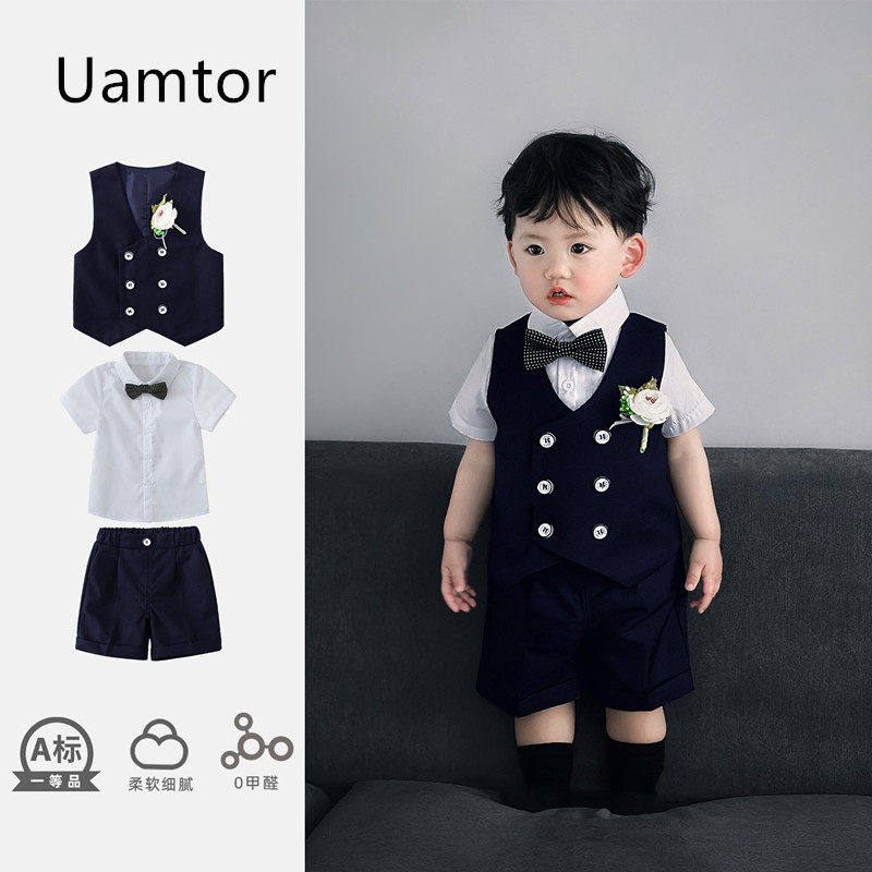 韩国Uamtor婴幼儿西装套装夏季新款男宝宝衣服洋派周岁礼服三件套