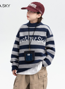 anothersky男童秋冬半高领条纹毛衣2025新款儿童冬装学院风针织衫