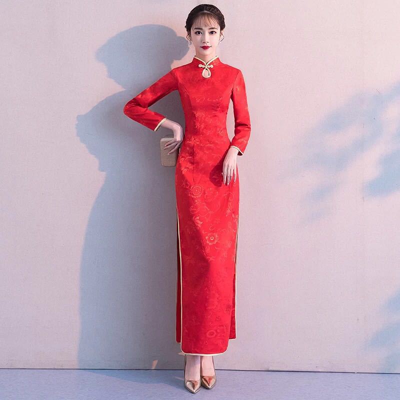 礼仪旗袍女2021新款红色修身迎宾小姐服中国风时尚优雅演出走秀服