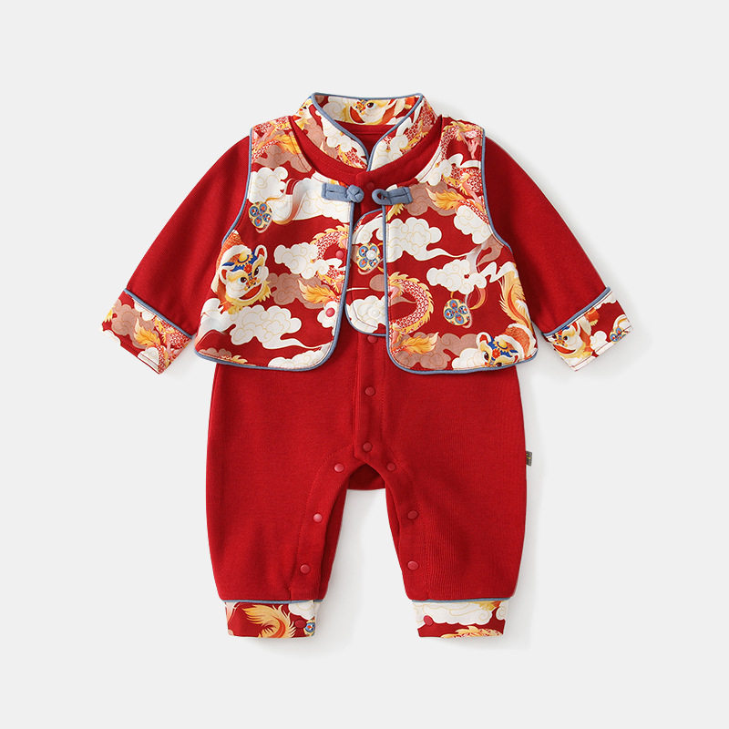 婴儿春秋满月百天衣服新中式大红色宝宝长袖连体衣喜庆周岁礼服