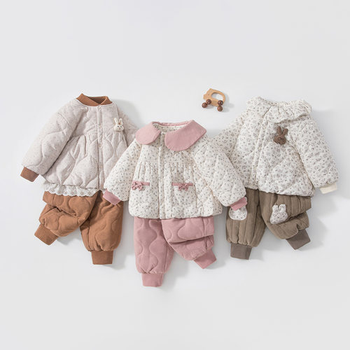 女童秋冬加厚保暖碎花棉服两件套