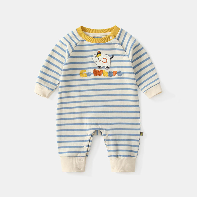 男宝宝条纹大象连体衣长袖婴儿爬服春秋款外出连身衣肩开扣卡通