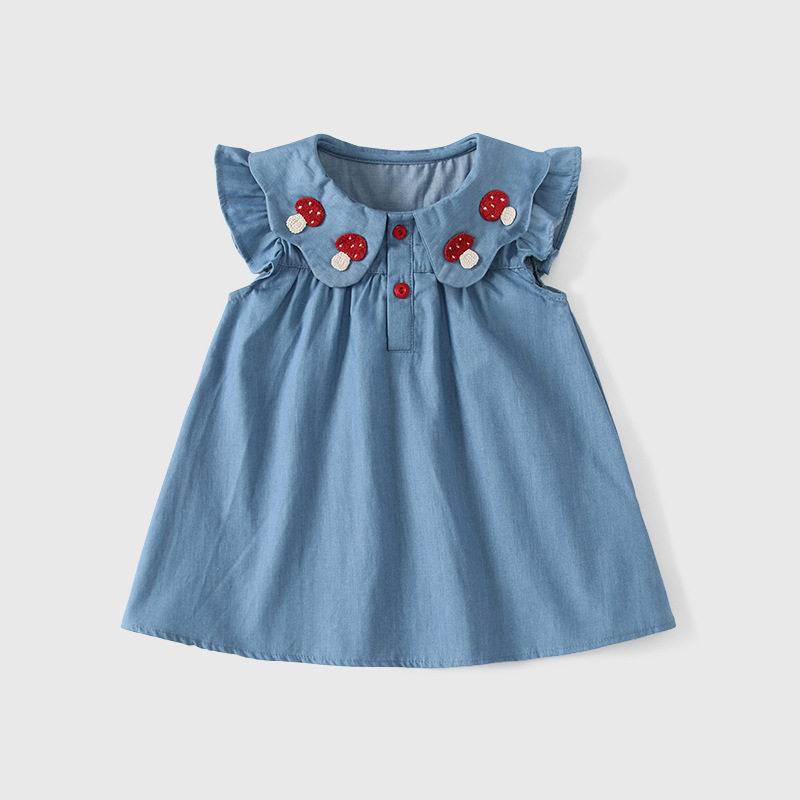 甜美可爱风女童牛仔连衣裙夏季飞飞袖娃娃领蘑菇装饰蓝色休闲裙