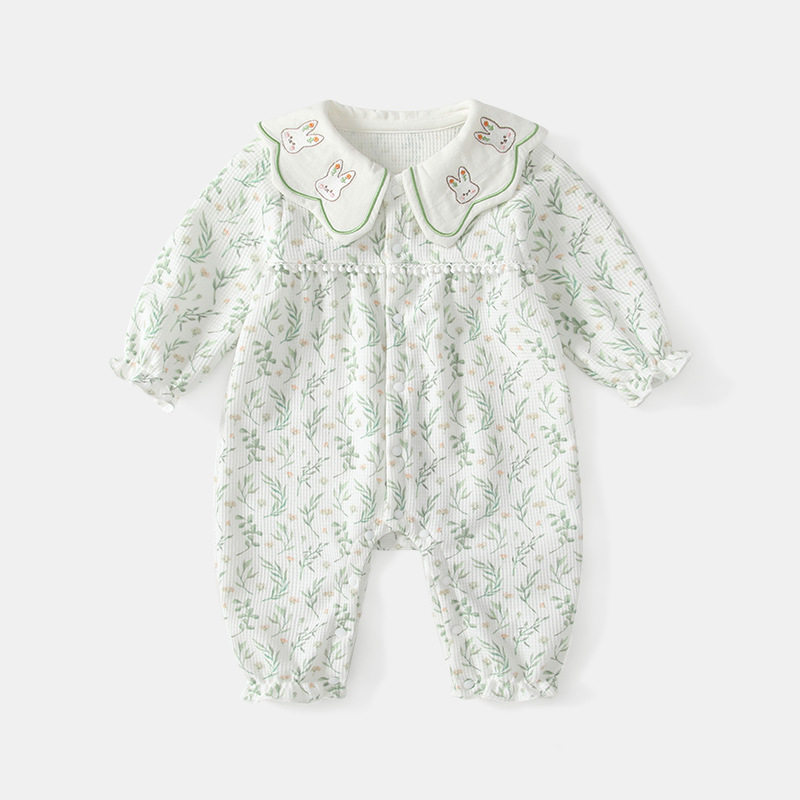 春秋女宝宝长袖碎花婴儿连体衣田园风外出服娃娃领连身衣爬服翻领