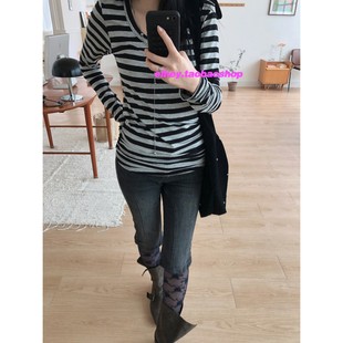 eihey诶嘿早秋新款小众设计感简约黑白条纹显瘦修身打底长袖T恤女