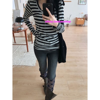 eihey诶嘿早秋新款小众设计感简约黑白条纹显瘦修身打底长袖T恤女