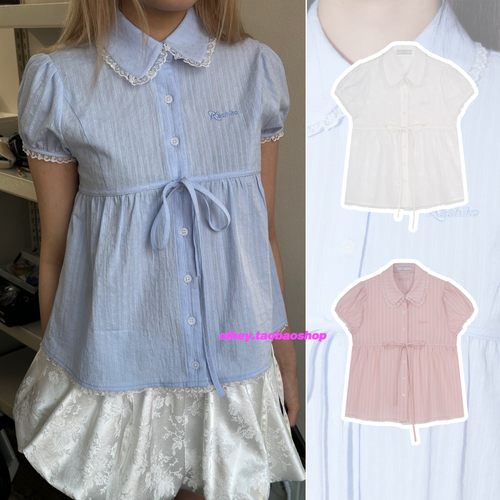 eihey诶嘿韩国小众蕾丝拼接娃娃领泡泡袖蝴蝶结衬衫甜酷短袖衬衣