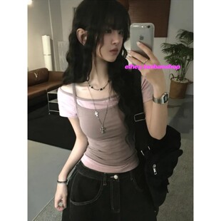 eihey诶嘿叠穿甜酷露肩条纹短袖吊带背心设计感辣妹修身显瘦上衣