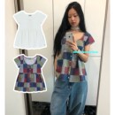 eihey诶嘿25夏季 复古森系田园风拼接色块褶皱短袖 上衣娃娃衫 衬衫