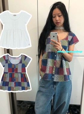 eihey诶嘿26夏季复古森系田园风拼接色块褶皱短袖上衣娃娃衫衬衫