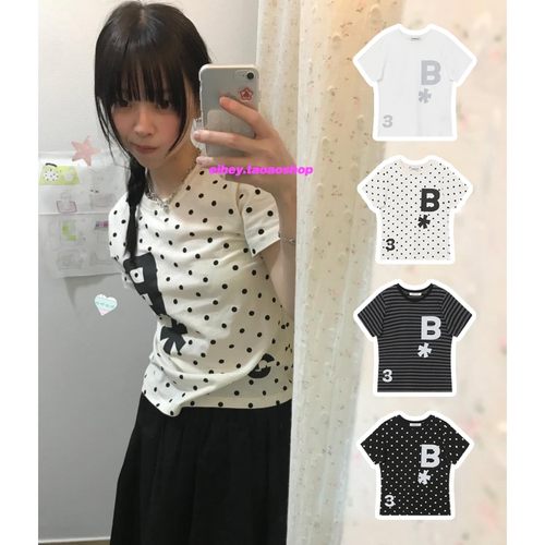 eihey诶嘿夏季字母波点条纹印花修身圆领百搭短款显瘦短袖T恤女