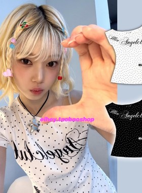 eihey诶嘿波点十字架不规则斜肩短袖T恤女夏季修身露肩圆领上衣女