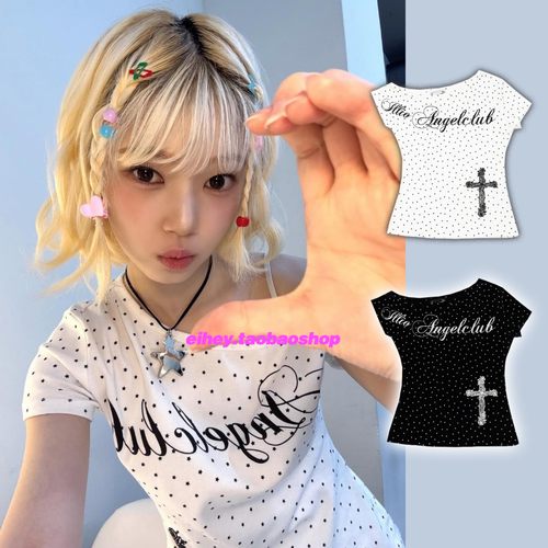 eihey诶嘿波点十字架不规则斜肩短袖T恤女夏季修身露肩圆领上衣女