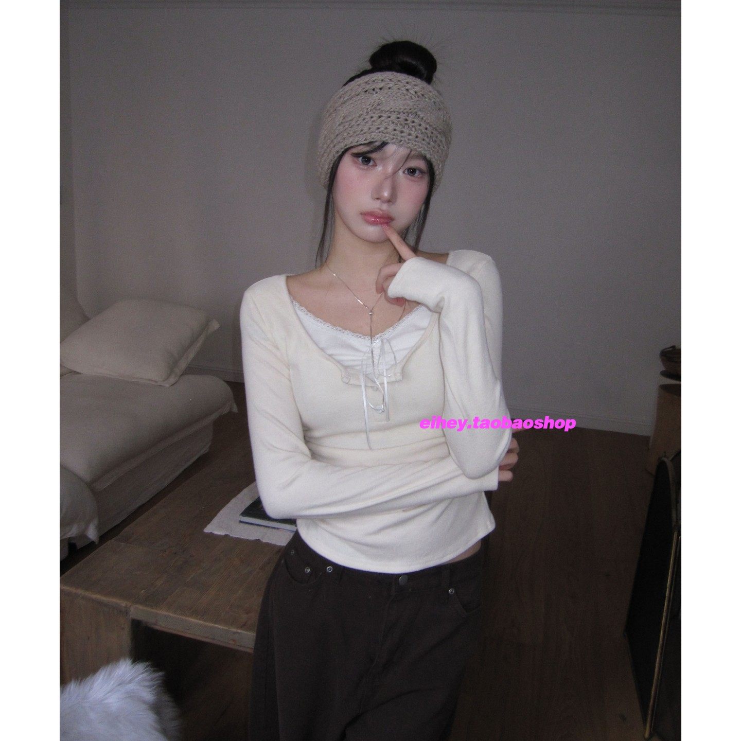 eihey诶嘿法式蕾丝拼接针织长袖T恤女秋冬设计感甜美修身打低上衣,女装/女士精品,T恤,淘宝优惠券,粉丝福利购,淘宝优惠卷