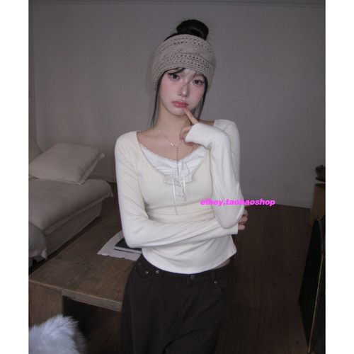 eihey诶嘿法式蕾丝拼接针织长袖T恤女早春设计感甜美修身打低上衣