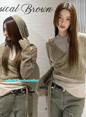 eihey诶嘿街头辣妹风个性交叉绑带显瘦收腰连帽镂空针织开衫上衣