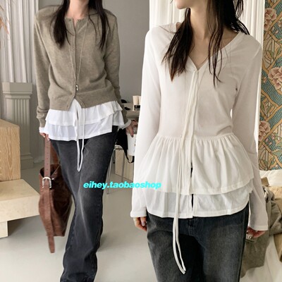 eihey诶嘿秋季新款V领下摆双层系带设计感舒适休闲拼接长袖上衣女