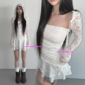 罩衫 eihey诶嘿新款 微透长袖 系带个性 复古玫瑰花蕾丝连帽短款 小衫