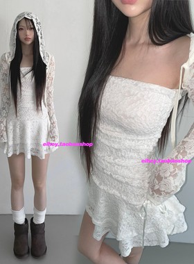 eihey诶嘿新款复古玫瑰花蕾丝连帽短款小衫微透长袖系带个性罩衫