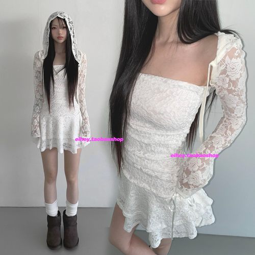 eihey诶嘿新款复古玫瑰花蕾丝连帽短款小衫微透长袖系带个性罩衫