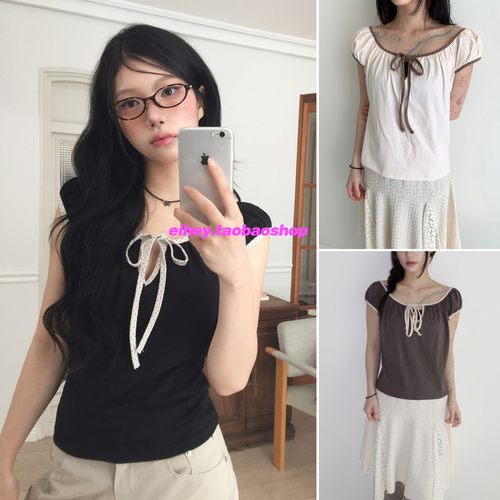 eihey诶嘿夏季少女甜辣撞色波点蝴蝶结系带T恤娃娃衫短袖上衣女