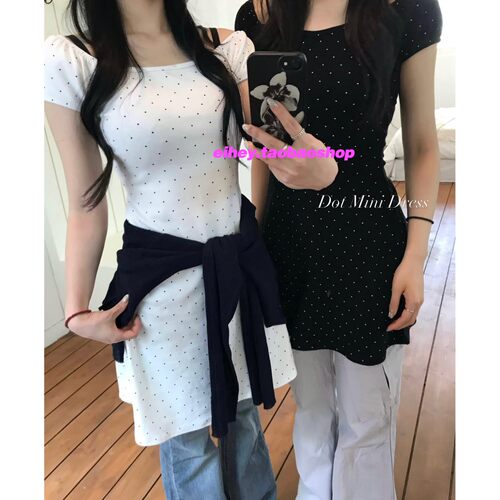 eihey诶嘿夏季新款ins波点复古轻亚修身显瘦围巾层叠短袖连衣裙女