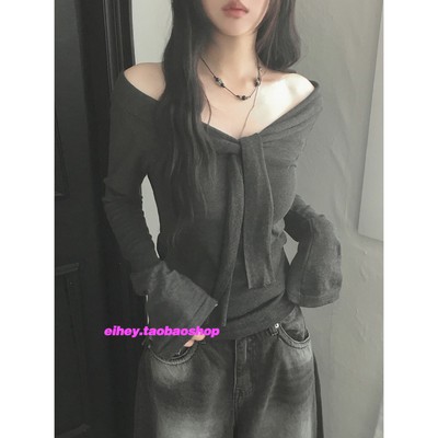 eihey诶嘿秋冬复古蝴蝶结辣妹露肩扭结百搭显瘦针织长袖T恤上衣女