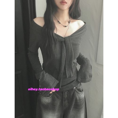 eihey诶嘿秋冬复古蝴蝶结辣妹露肩扭结百搭显瘦针织长袖T恤上衣女