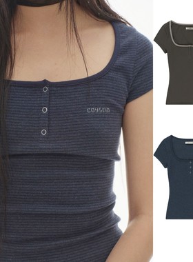 eihey诶嘿宁艺卓同款美式修身辣妹短袖T恤复古U领简约百搭上衣女