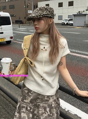 eihey诶嘿复古挖空小花绑带半高领休闲显瘦百搭打底短袖T恤上衣