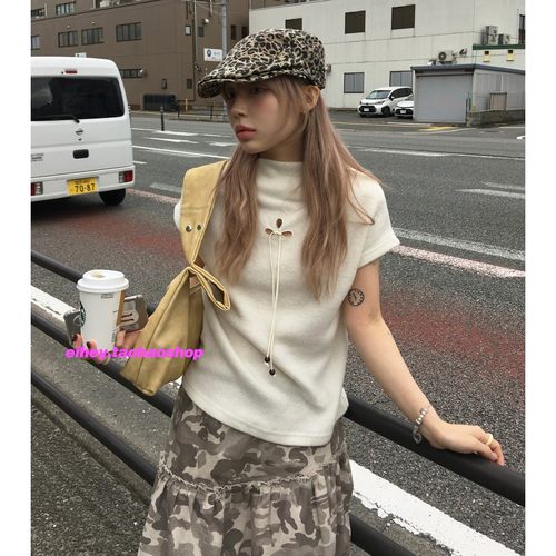 eihey诶嘿复古挖空小花绑带半高领休闲显瘦百搭打底短袖T恤上衣