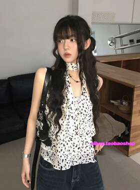 eihey诶嘿夏季豹纹荷叶边无袖上衣甜酷辣妹挂脖系带宽松吊带背心