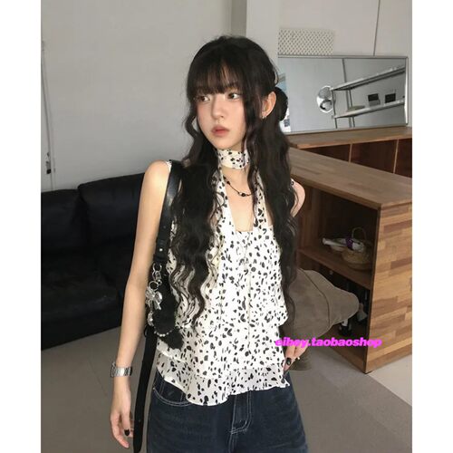 eihey诶嘿夏季豹纹荷叶边无袖上衣甜酷辣妹挂脖系带宽松吊带背心