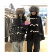 eihey诶嘿26早春毛领牛角扣学院风复古拼色格纹连帽毛呢大衣外套