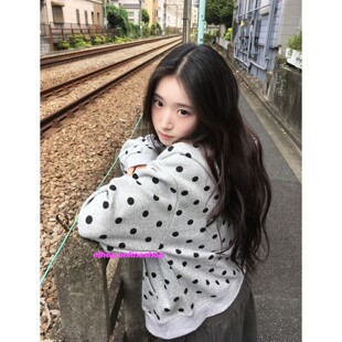 eihey诶嘿灰色波点连帽拉链卫衣外套女秋季韩系宽松好看上衣夹克