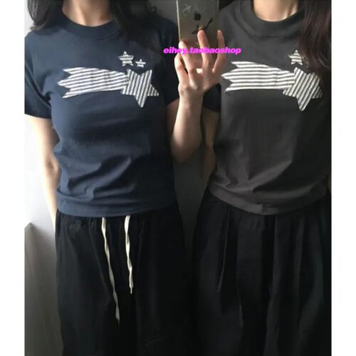 eihey诶嘿夏季美式条纹流星印花T恤正肩短袖小众修身显瘦上衣女