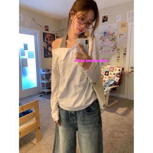 eihey诶嘿2025秋斜肩露肩宽松长袖衬衫女设计感通勤高级感上衣女