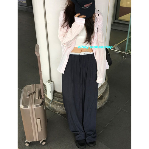 eihey诶嘿秋季松紧腰抽绳纯色垂坠感宽松显瘦长裤休闲直筒阔腿裤