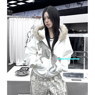 eihey诶嘿加绒毛领卫衣外套女短款 上衣潮 美式 烫钻设计感连帽开衫