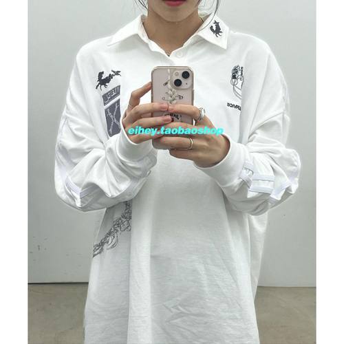 eihey诶嘿2025秋季新款美式复古长袖女polo领t恤宽松套头卫衣女