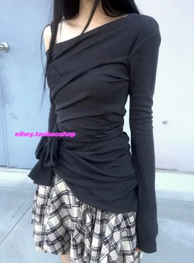 eihey诶嘿蝴蝶结绑带扭结设计感斜肩纯欲风修身辣妹露肩长袖T恤女