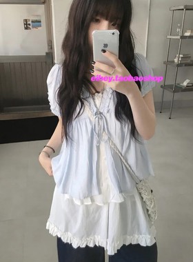 eihey诶嘿韩系夏季甜美荷叶边蕾丝泡泡袖宽松系带短袖衬衫上衣女